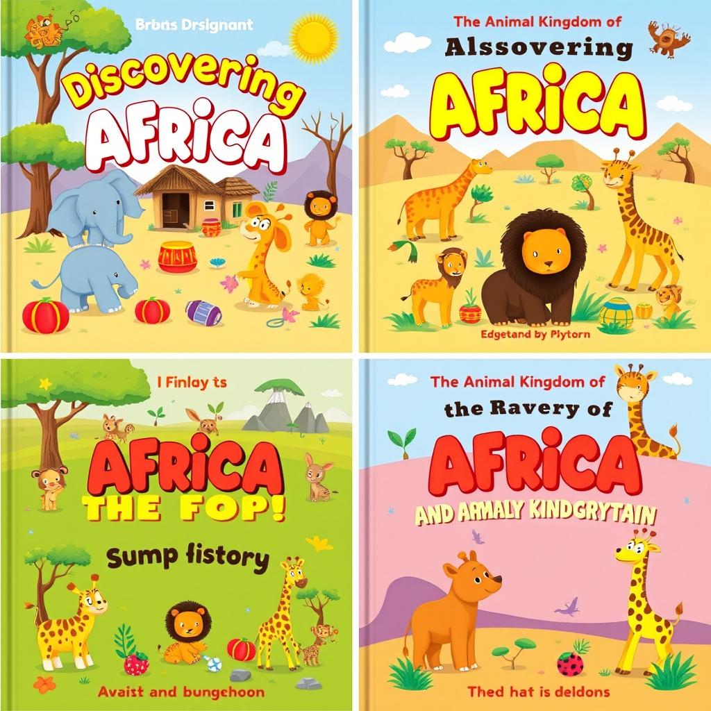 A series of colorful book covers designed for babies featuring themes about the true history of Africa