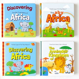 A series of colorful book covers designed for babies featuring themes about the true history of Africa