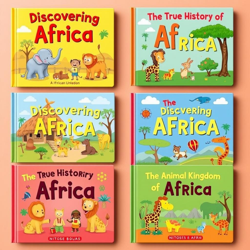 A series of colorful book covers designed for babies featuring themes about the true history of Africa