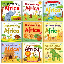 A series of colorful book covers designed for babies featuring themes about the true history of Africa