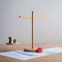 Depict the Expected Monetary Value (EMV) approach in a decision-making scenario. Show a balancing scale with financial graphs on one side representing potential profits, and dice, symbolizing chance and uncertainty, on the other.