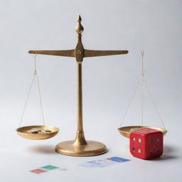 Depict the Expected Monetary Value (EMV) approach in a decision-making scenario. Show a balancing scale with financial graphs on one side representing potential profits, and dice, symbolizing chance and uncertainty, on the other.