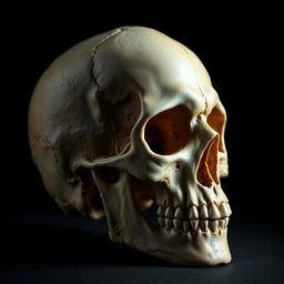 A highly detailed and realistic representation of a skull, showcasing intricate bone structures, shadows, and textures