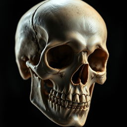 A highly detailed and realistic representation of a skull, showcasing intricate bone structures, shadows, and textures