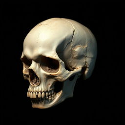 A highly detailed and realistic representation of a skull, showcasing intricate bone structures, shadows, and textures