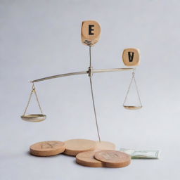 Depict the Expected Monetary Value (EMV) approach in a decision-making scenario. Show a balancing scale with financial graphs on one side representing potential profits, and dice, symbolizing chance and uncertainty, on the other.