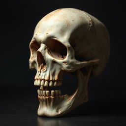 A highly detailed and realistic representation of a skull, showcasing intricate bone structures, shadows, and textures