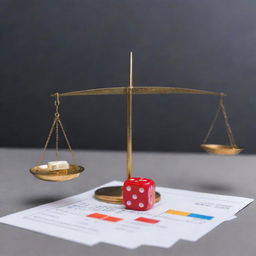 Depict the Expected Monetary Value (EMV) approach in a decision-making scenario. Show a balancing scale with financial graphs on one side representing potential profits, and dice, symbolizing chance and uncertainty, on the other.