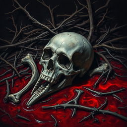 A detailed and haunting composition featuring the bones of a skull prominently placed in the foreground, surrounded by scattered dry branches