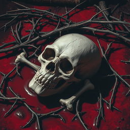 A detailed and haunting composition featuring the bones of a skull prominently placed in the foreground, surrounded by scattered dry branches