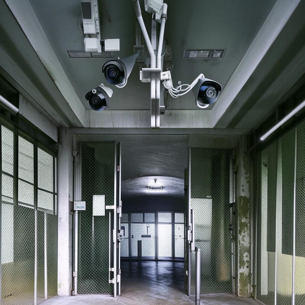 The entrance of a state-of-the-art maximum-security penitentiary heavily dotted with advanced security cameras, displaying the might of its robust surveillance system.