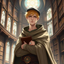 A 25-year-old male human mage with short blonde hair and warm brown eyes stands confidently in a grand library