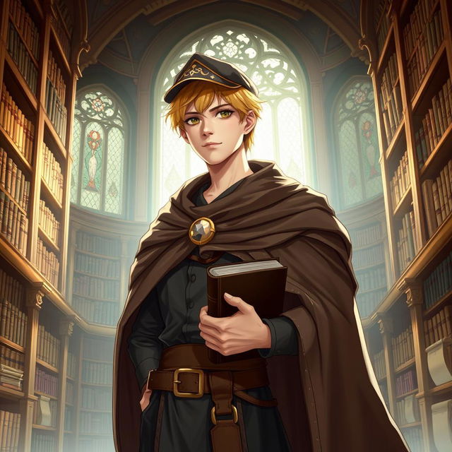 A 25-year-old male human mage with short blonde hair and warm brown eyes stands confidently in a grand library