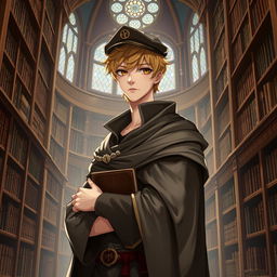 A 25-year-old male human mage with short blonde hair and warm brown eyes stands confidently in a grand library