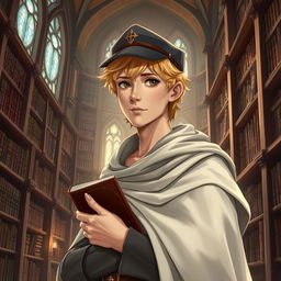 A 25-year-old male human mage with short blonde hair and warm brown eyes stands confidently in a grand library