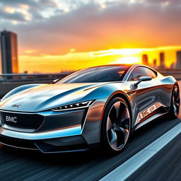 A sleek and futuristic BMC car model, featuring a low profile, smooth aerodynamic lines, and a glistening metallic finish