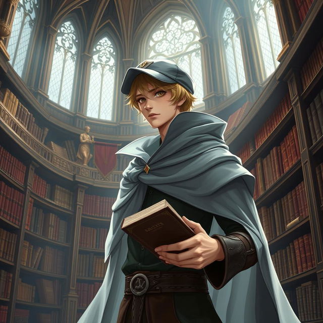 A 25-year-old male human mage with short blonde hair and warm brown eyes stands in a majestic library