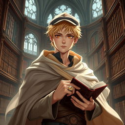 A 25-year-old male human mage with short blonde hair and warm brown eyes stands in a majestic library