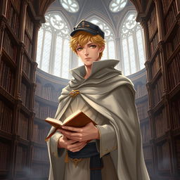 A 25-year-old male human mage with short blonde hair and warm brown eyes stands in a majestic library