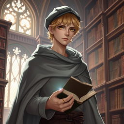 A 25-year-old male human mage with short blonde hair and warm brown eyes stands in a majestic library