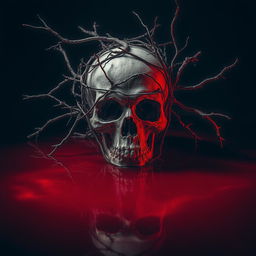 A captivating and eerie scene featuring the bones of a skull positioned in the foreground, intricately intertwined with dry branches that wrap around the bones