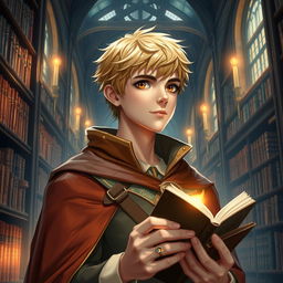 A 25-year-old male human mage with short blonde hair and warm brown eyes stands in an impressive library