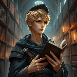 A 25-year-old male human mage with short blonde hair and warm brown eyes stands in an impressive library