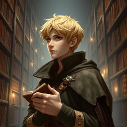 A 25-year-old male human mage with short blonde hair and warm brown eyes stands in an impressive library