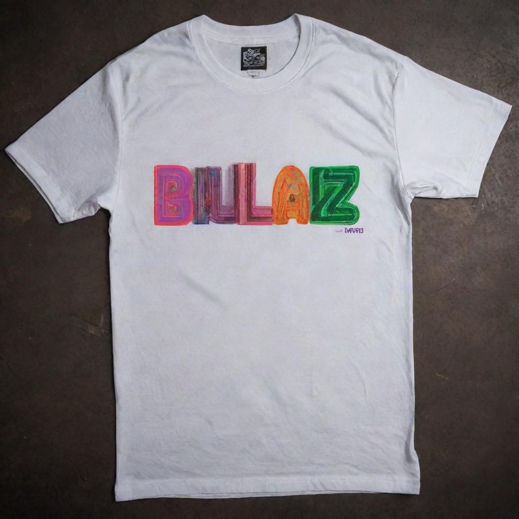 A grungy white t-shirt with 'BHULDAZ' bold text on the front. It has intricate designs that glow vibrant neon colors in the darkness, highlighted against the shirt's dirty texture.