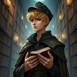 A 25-year-old male human mage with short blonde hair and warm brown eyes stands in an impressive library