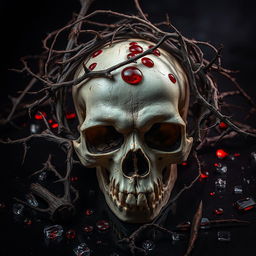 A striking and dramatic scene showcasing a skull in the foreground, with dry branches intricately intertwining with the bones