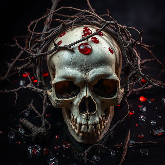 A striking and dramatic scene showcasing a skull in the foreground, with dry branches intricately intertwining with the bones