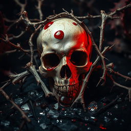 A striking and dramatic scene showcasing a skull in the foreground, with dry branches intricately intertwining with the bones