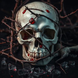 A striking and dramatic scene showcasing a skull in the foreground, with dry branches intricately intertwining with the bones