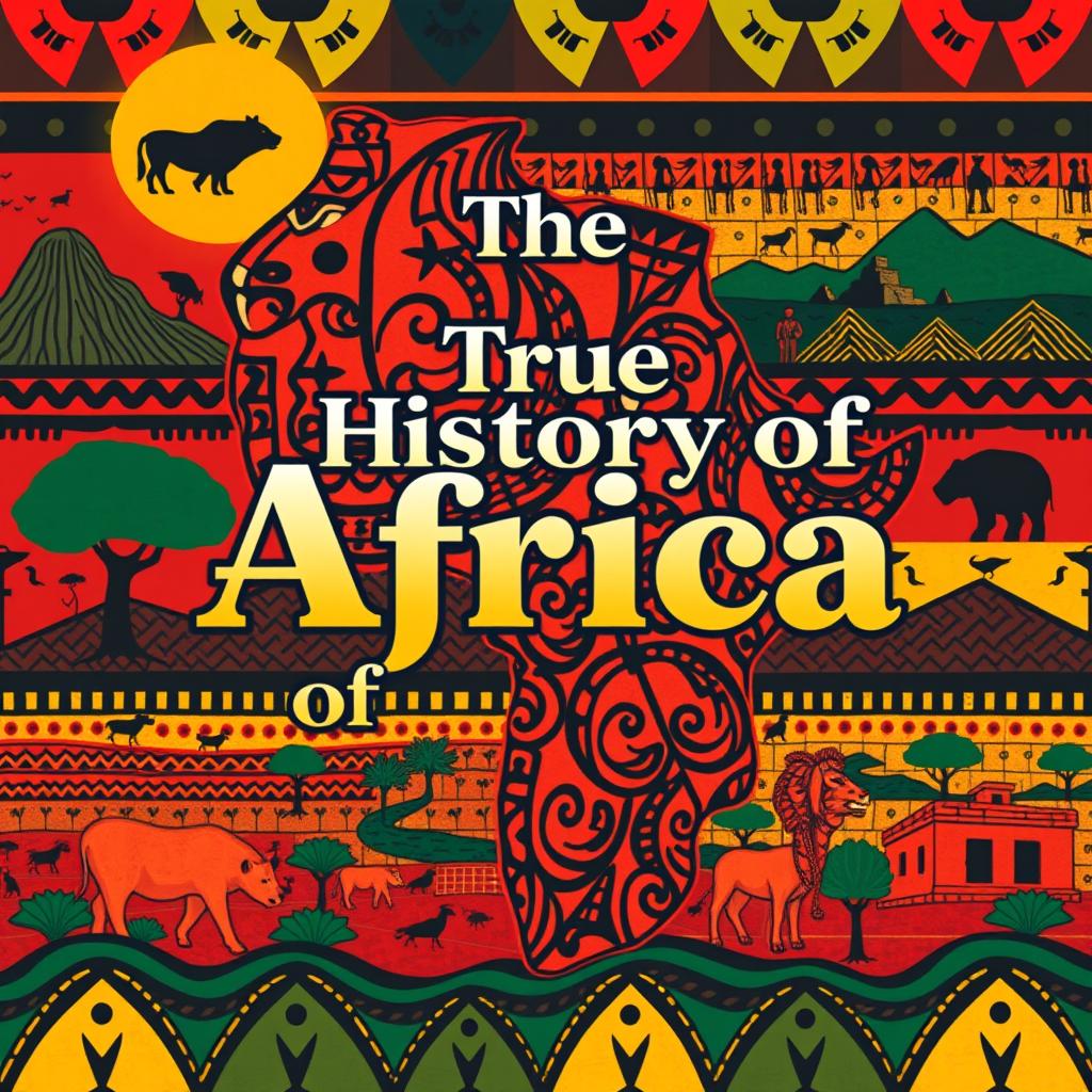 Cover design for a book titled 'The True History of Africa' in the Menga style, featuring bold and vibrant colors that reflect the diverse cultures of Africa