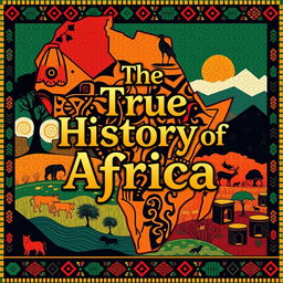 Cover design for a book titled 'The True History of Africa' in the Menga style, featuring bold and vibrant colors that reflect the diverse cultures of Africa
