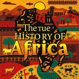 Cover design for a book titled 'The True History of Africa' in the Menga style, featuring bold and vibrant colors that reflect the diverse cultures of Africa