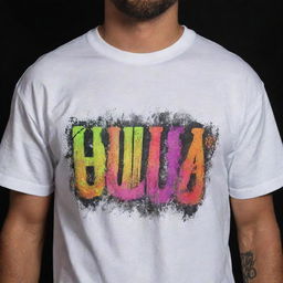 A grungy white t-shirt with 'BHULDAZ' bold text on the front. It has intricate designs that glow vibrant neon colors in the darkness, highlighted against the shirt's dirty texture.