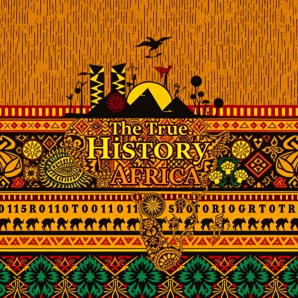 Cover design for a book titled 'The True History of Africa' in Menga style, featuring rich, vibrant colors and intricate patterns that reflect the diverse cultures of Africa