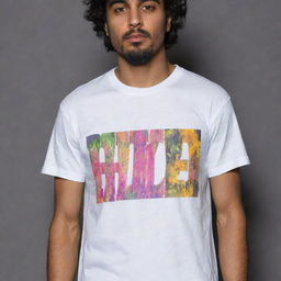 A grungy white t-shirt with 'BHULDAZ' bold text on the front. It has intricate designs that glow vibrant neon colors in the darkness, highlighted against the shirt's dirty texture.