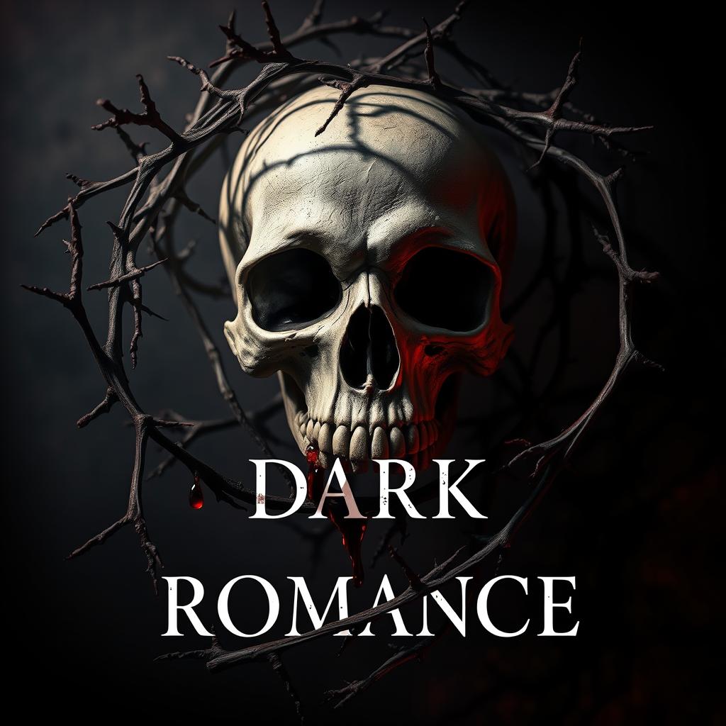 A captivating cover design for a dark romance book, featuring a prominent skull in the background, symbolizing mystery and allure