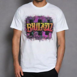 A grungy white t-shirt with 'BHULDAZ' bold text on the front. It has intricate designs that glow vibrant neon colors in the darkness, highlighted against the shirt's dirty texture.