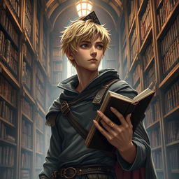 A 25-year-old male human mage with short blonde hair and warm brown eyes stands in an expansive library