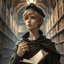 A 25-year-old male human mage with short blonde hair and warm brown eyes stands in an expansive library