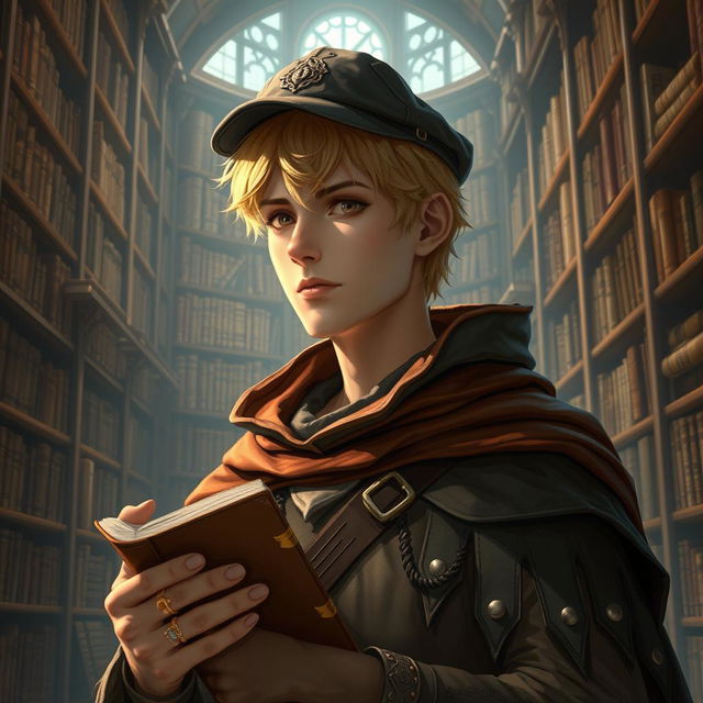 A 25-year-old male human mage with short blonde hair and warm brown eyes stands in an expansive library