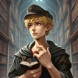 A 25-year-old male human mage with short blonde hair and warm brown eyes stands in an expansive library