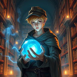 A 25-year-old male human mage with short blonde hair and warm brown eyes stands in a vast and enchanting library