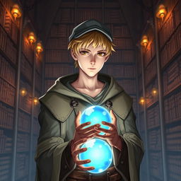 A 25-year-old male human mage with short blonde hair and warm brown eyes stands in a vast and enchanting library