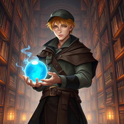 A 25-year-old male human mage with short blonde hair and warm brown eyes stands in a vast and enchanting library