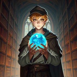 A 25-year-old male human mage with short blonde hair and warm brown eyes stands in a vast and enchanting library